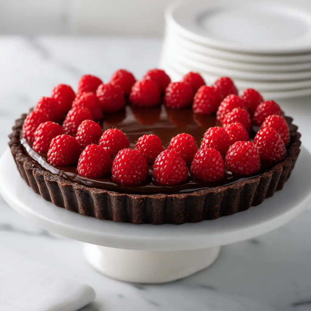 Chocolate Raspberry Tart: A Decadent & Easy Recipe 2 A close-up side view of a slice of chocolate raspberry ganache tart on a white plate, revealing the crisp crust and thick, silky filling.