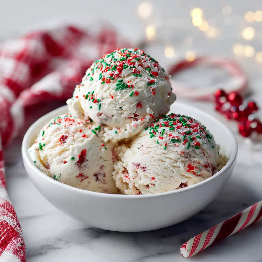 The creamy texture of the Christmas cookie ice cream being scooped from a loaf pan, showing the chunks of cookies mixed into the no-churn base.