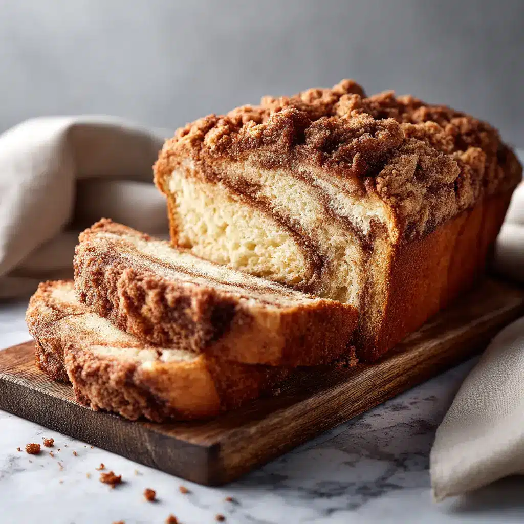 A close-up shot of the crunchy streusel topping on a golden-brown loaf of cinnamon swirl bread.