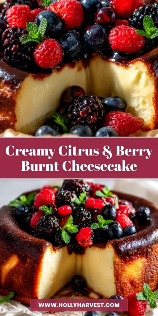 A beautiful slice of Citrus Berry Burnt Cheesecake on a plate, showing the dark caramelized top and creamy center, topped with fresh mixed berries.