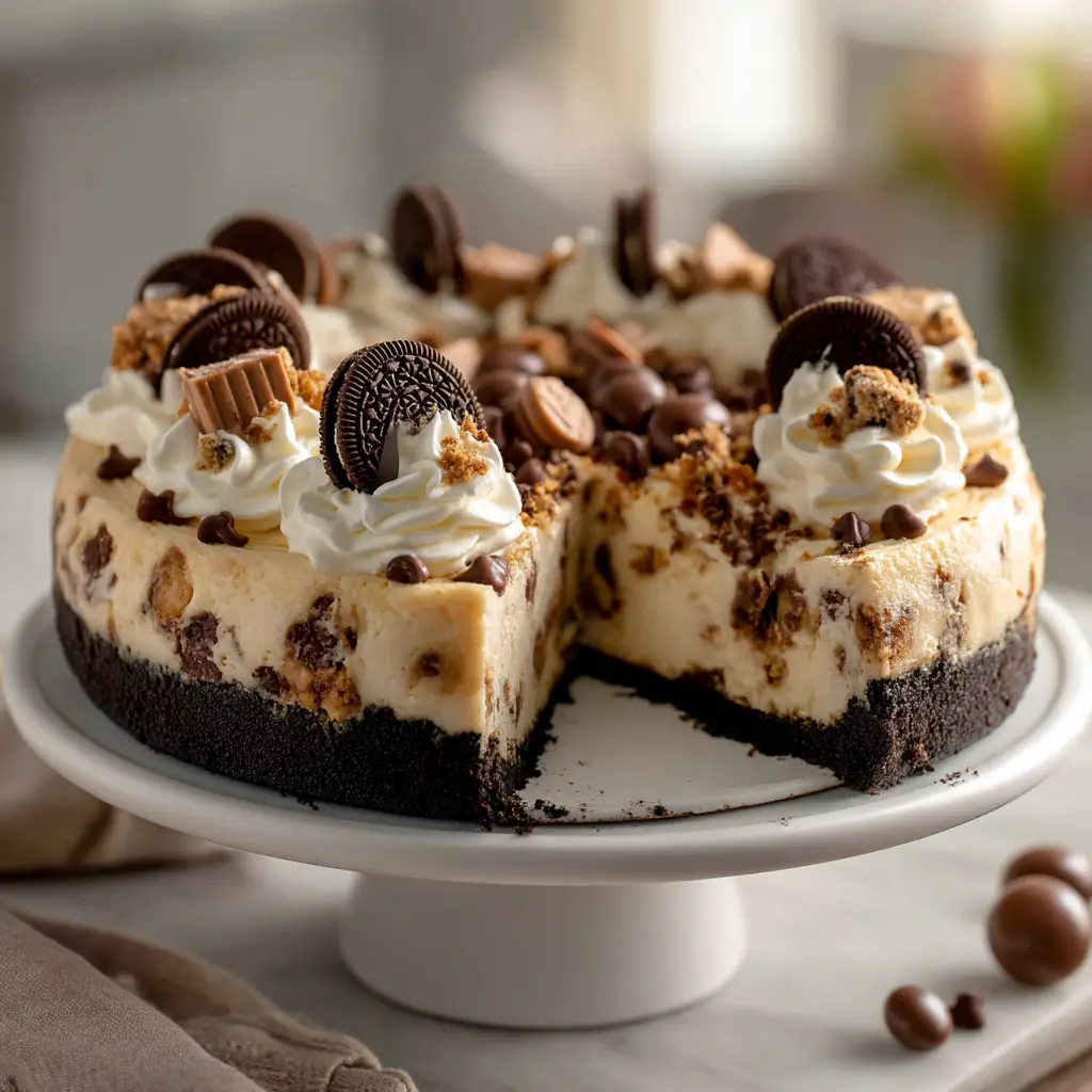 A top-down view of the cookie dough cheesecake, showing the distribution of edible cookie dough chunks on top.