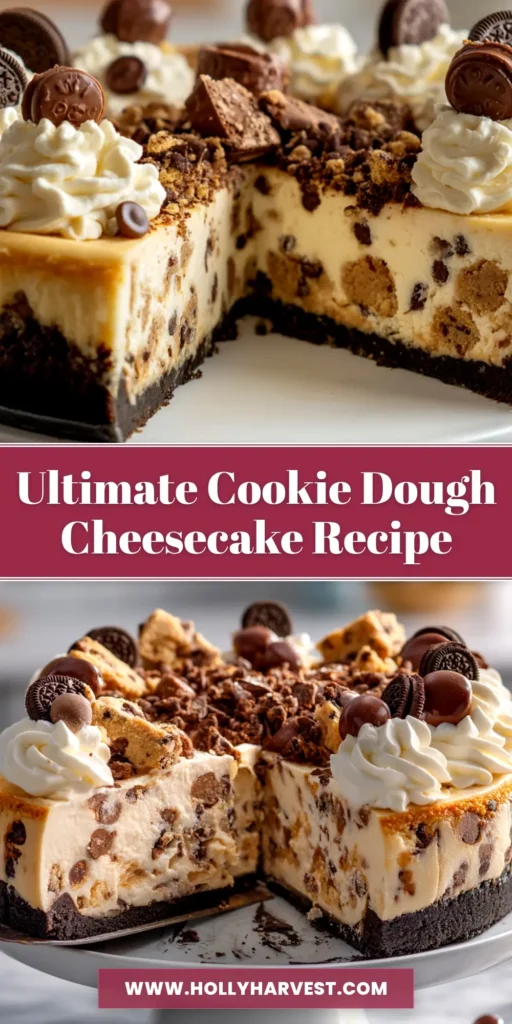 A beautiful slice of cookie dough cheesecake on a white plate, showcasing the creamy filling and chunks of cookie dough.