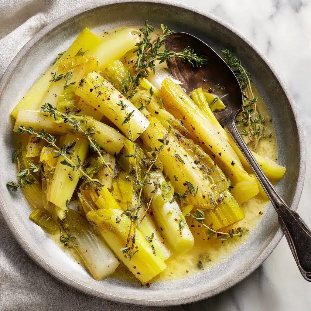 A skillet with buttered leeks being sautéed until tender. This step-by-step image shows the cooking process for this easy leek recipe.
