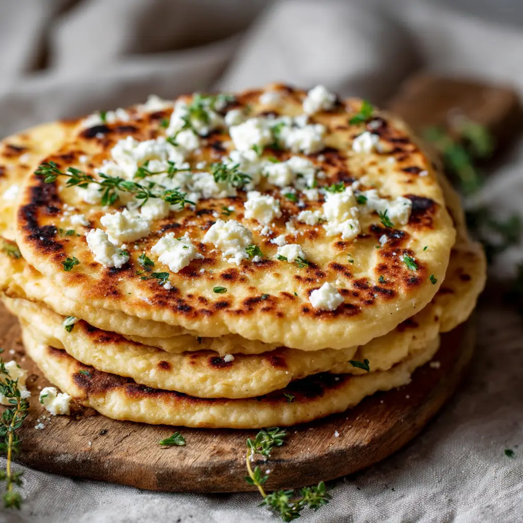 A finished cottage cheese flatbread folded over with fresh sandwich fillings like turkey and lettuce peeking out.