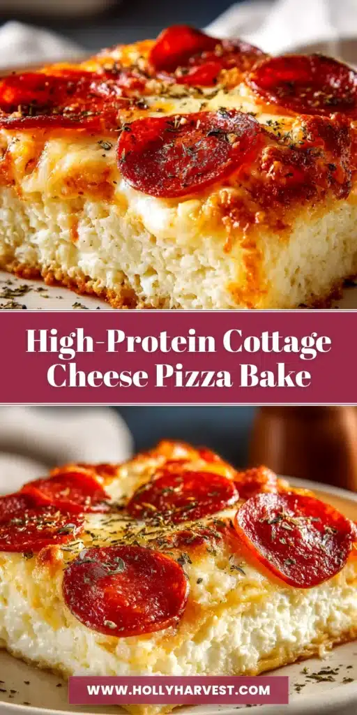 A pin-worthy image of the finished Cottage Cheese Pizza Bake in a casserole dish, with text overlay reading 'High-Protein Cottage Cheese Pizza Bake'.