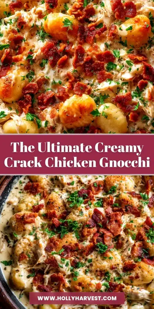 An overhead shot of a skillet full of creamy Crack Chicken Gnocchi, garnished with crispy bacon and fresh green onions. A serving spoon is lifting a cheesy portion out of the pan.