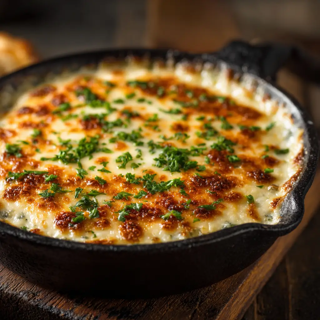 A close-up hero shot of bubbly, hot, creamy beer cheese dip in a rustic bowl, showcasing its smooth texture.