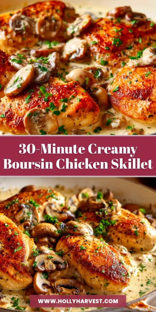 Boursin Chicken: The Creamy 30-Minute Skillet Dinner 4 A skillet of creamy Boursin chicken with spinach, ready to be served. The perfect easy weeknight dinner recipe.