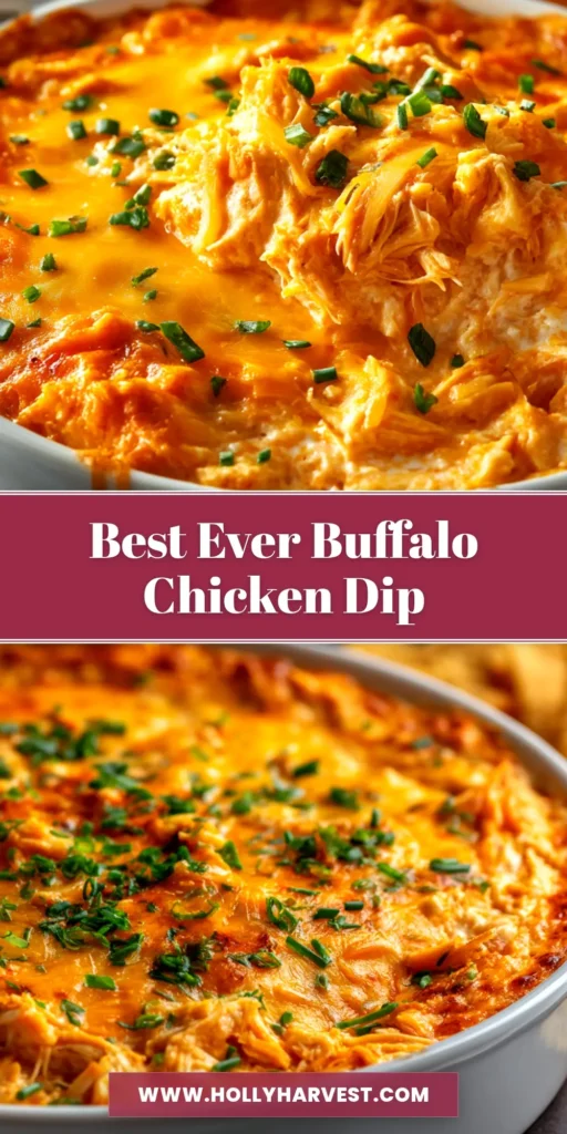 Buffalo Chicken Dip: The Ultimate Creamy & Easy Recipe 3 A shareable pin image of the ultimate creamy Buffalo Chicken Dip, baked in a cast-iron skillet and surrounded by tortilla chips for dipping.