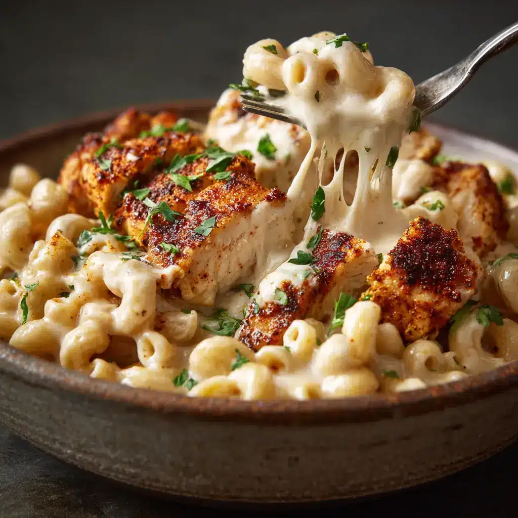 A fork lifting a mouthful of creamy Cajun pasta from a bowl, highlighting the tender chunks of seasoned chicken and cheesy noodles.