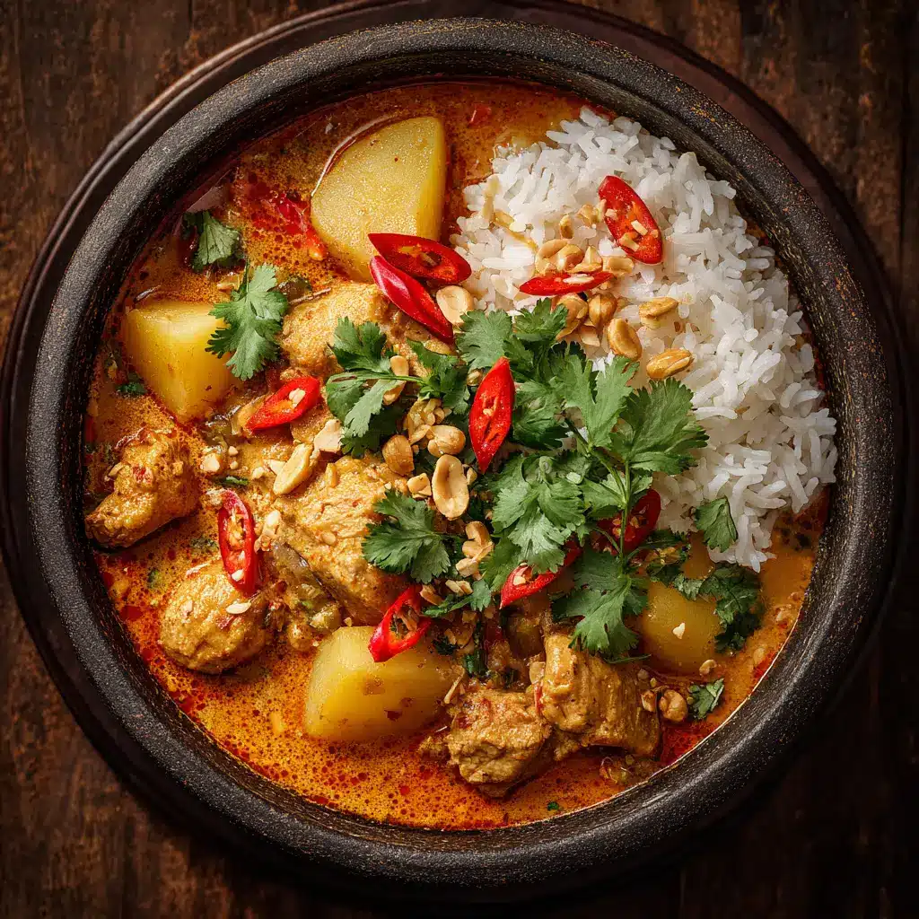 Massaman Curry: The Ultimate Guide to Rich & Creamy Thai Flavor 2 An overhead shot of a bowl of creamy chicken Massaman Curry, showing tender chicken pieces, potatoes, and a garnish of peanuts and cilantro.