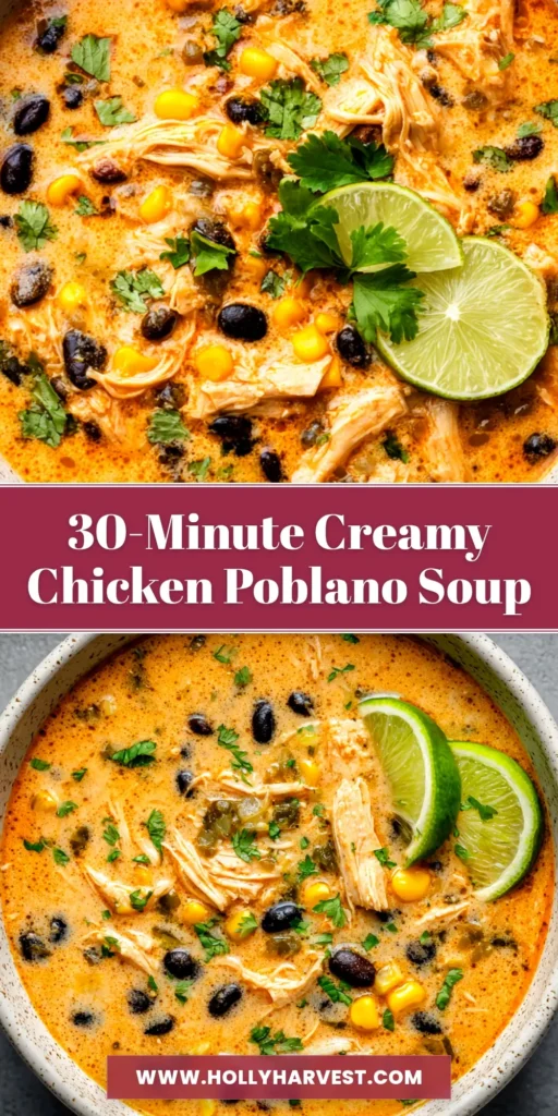 A bowl of creamy Chicken Poblano Soup garnished with cilantro and tortilla strips, with a title overlay for Pinterest.