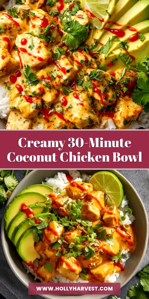 Coconut Chicken Rice Bowl (The Easiest, Creamiest Recipe!) 4 An overhead shot of a delicious Coconut Chicken Rice Bowl in a white bowl, topped with fresh cilantro and lime wedges.