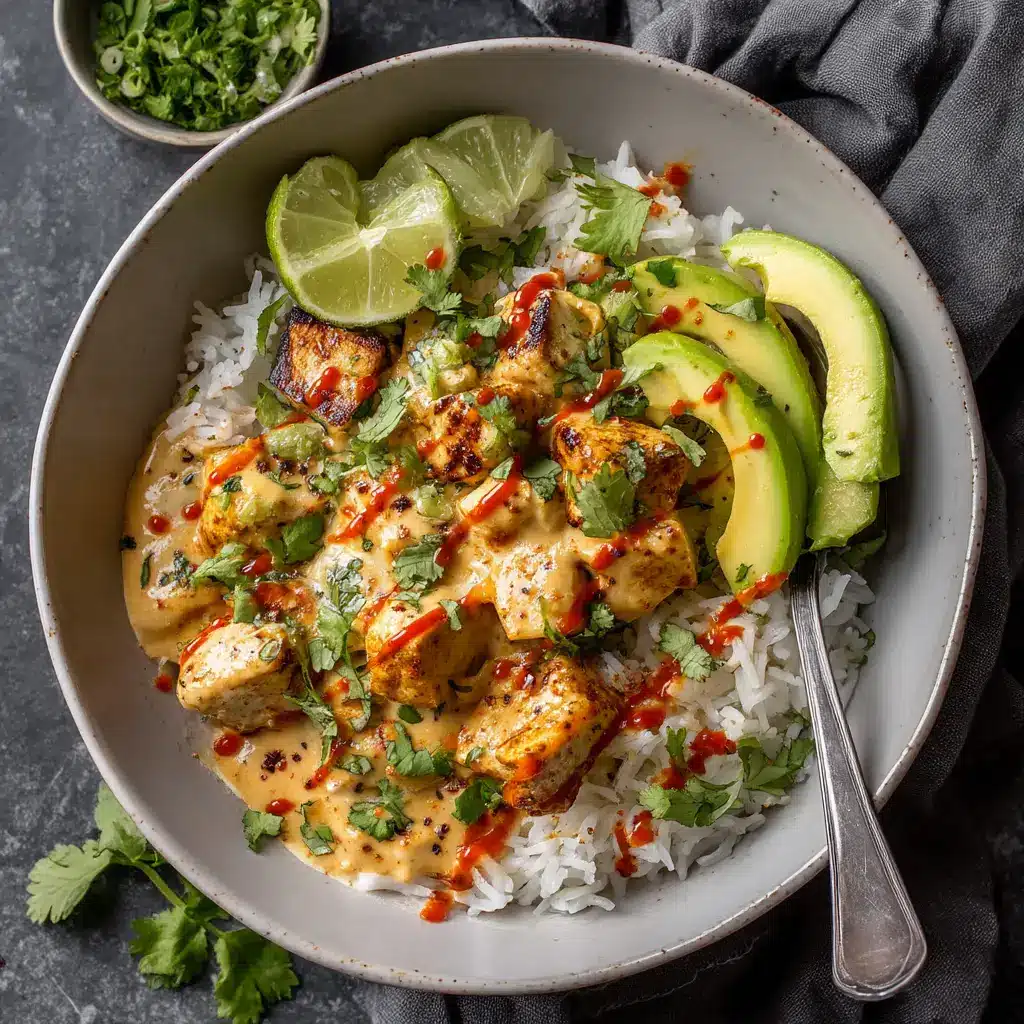 Coconut Chicken Rice Bowl (The Easiest, Creamiest Recipe!) 2 A close-up shot of tender chicken pieces simmering in a creamy coconut sauce in a skillet, part of the coconut chicken rice bowl recipe.