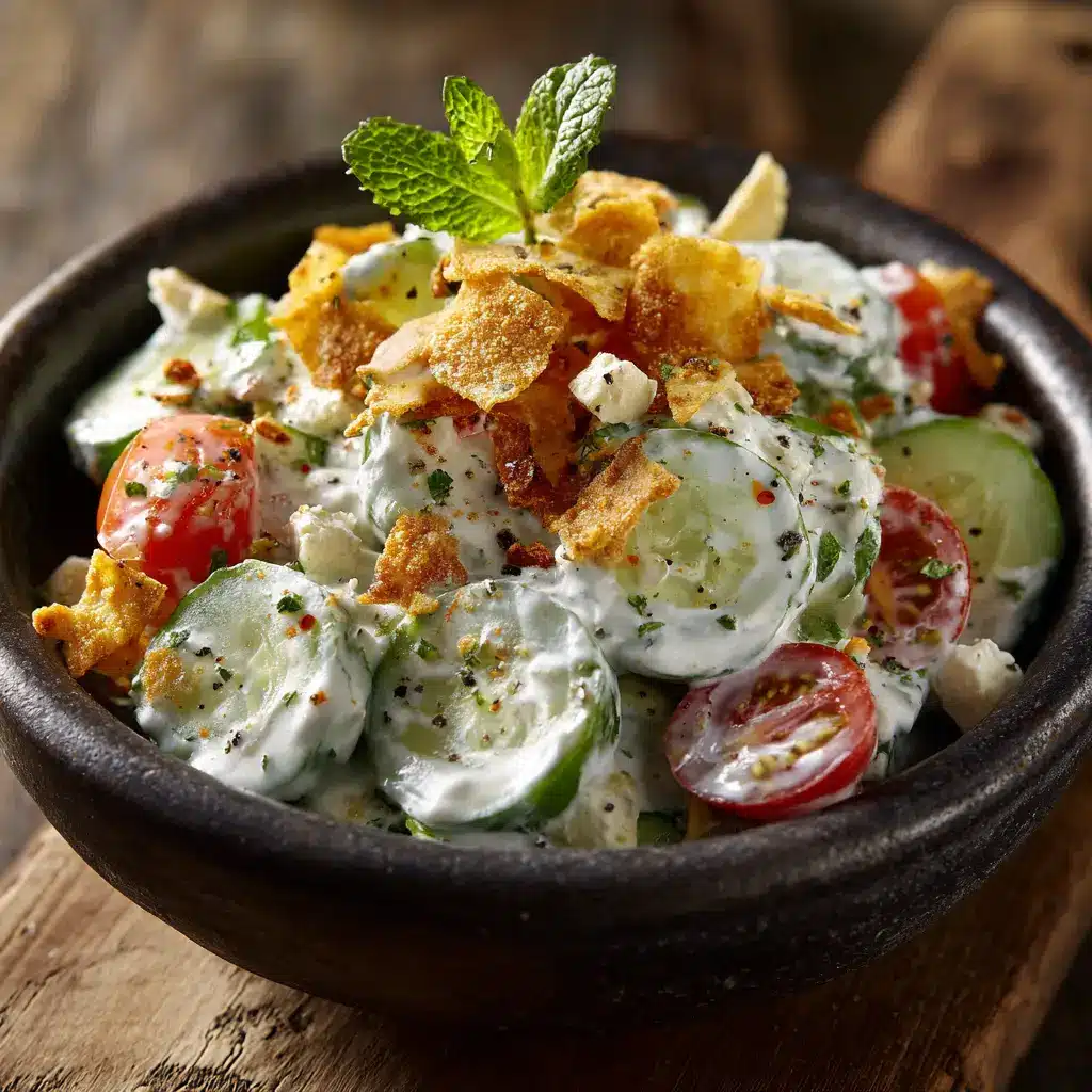 An extreme close-up of the creamy cucumber salad, showing the texture of the ranch dressing coating the thin slices of cucumber and red onion.