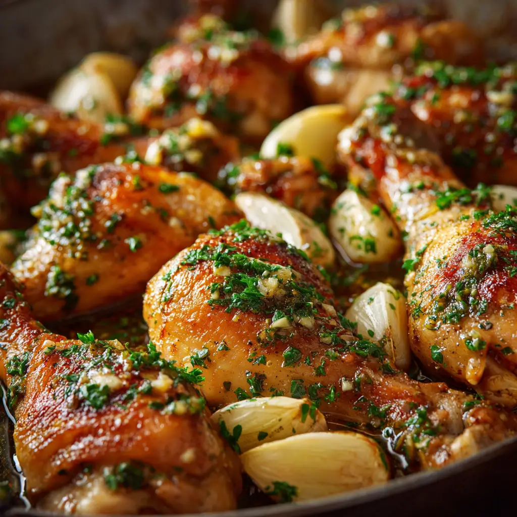 French Garlic Chicken (The Ultimate Creamy Recipe!) 2 A close-up of crispy, golden-brown French Garlic Chicken thighs simmering in a creamy sauce with fresh thyme.