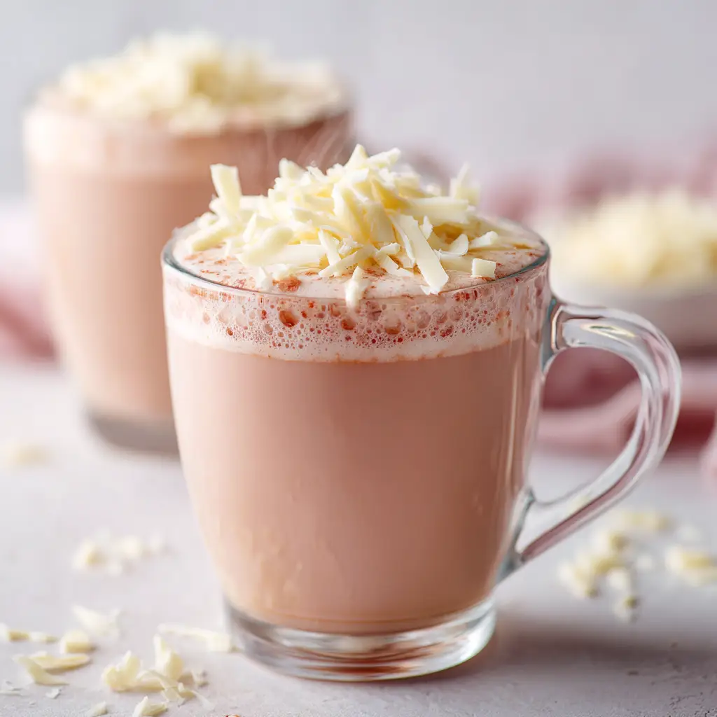 A close-up shot of frothy strawberry hot chocolate in a glass mug, highlighting the smooth and airy texture of the warm drink.