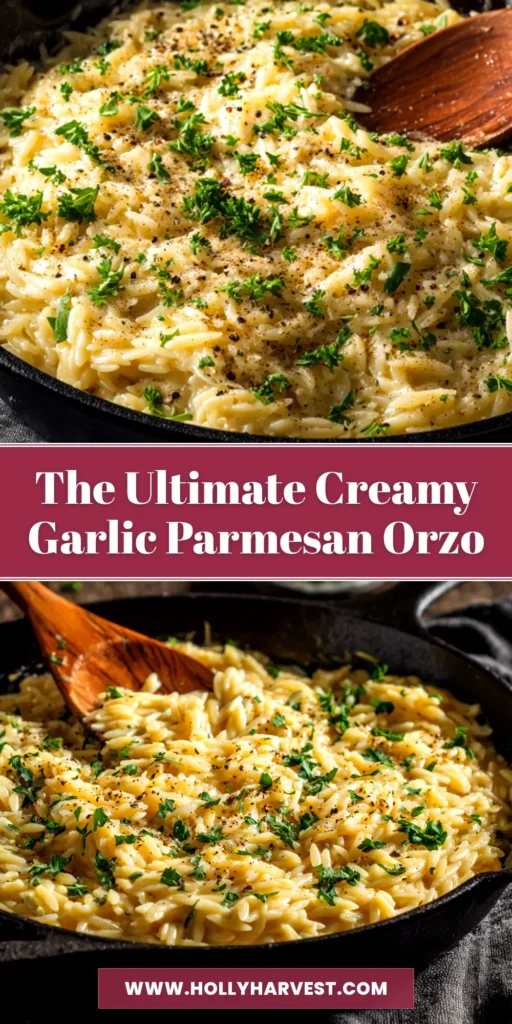 A close-up overhead shot of Creamy Garlic Parmesan Orzo in a white bowl, garnished with fresh parsley. The orzo is coated in a rich, velvety sauce, ready to be eaten.