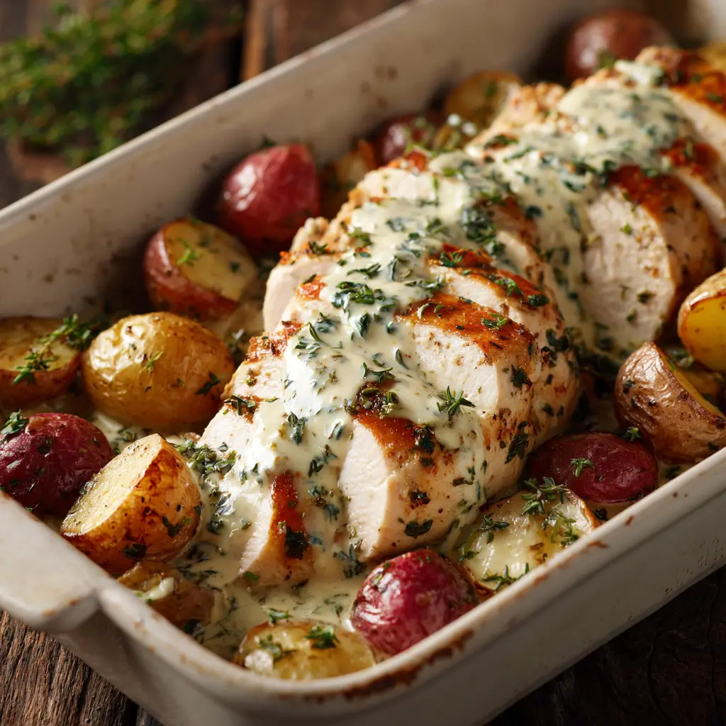 A delicious serving of creamy herb chicken on a plate next to roasted vegetables, demonstrating a perfect meal pairing.