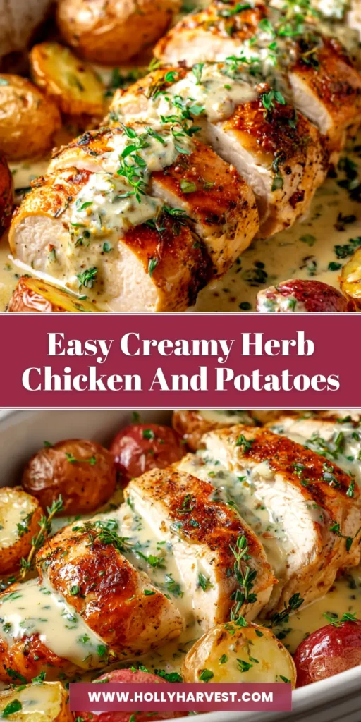 A skillet of creamy herb chicken with a golden-brown crust, smothered in a rich herb and cream sauce. The perfect easy 30-minute weeknight dinner recipe.