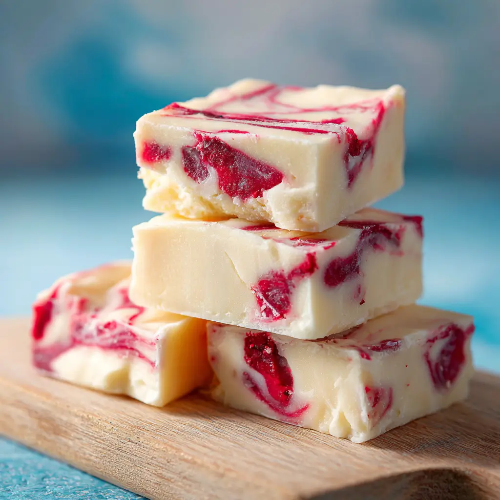 A side view of stacked white chocolate raspberry fudge pieces, emphasizing the creamy, smooth texture of the dessert.