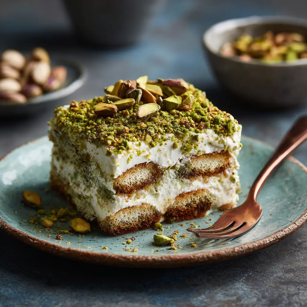 Pistachio Tiramisu Recipe (The Best & Easiest!) 1 A full 8x8 dish of creamy pistachio tiramisu dessert, garnished with finely chopped pistachios and ready to be served.