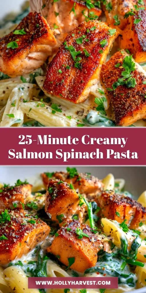 A stunning overhead shot of Creamy Salmon Spinach Pasta in a white bowl, ready to be shared on Pinterest. The pasta is topped with flaky salmon and fresh parsley.
