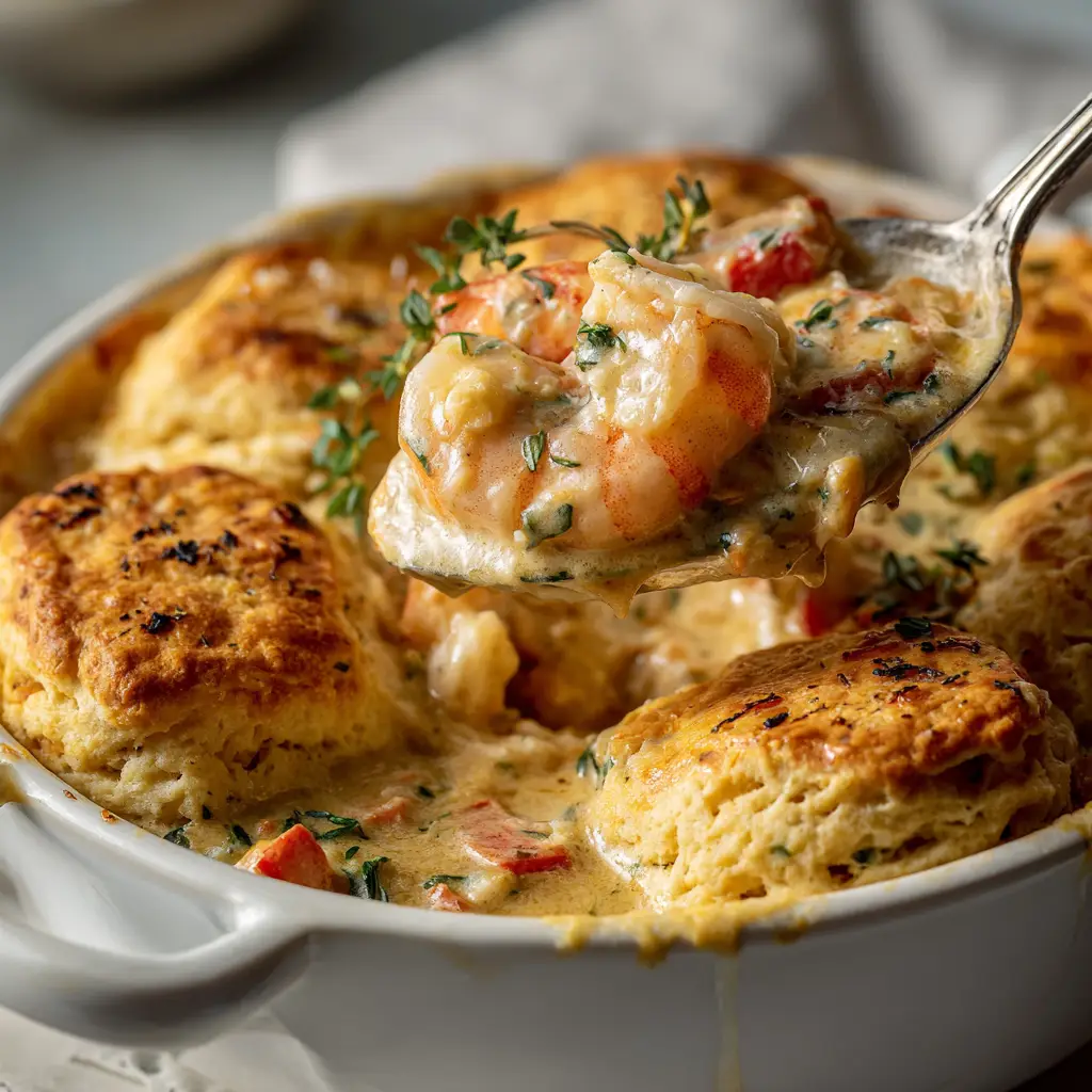 Cheddar Bay Biscuit Seafood Pot Pie (Better Than Red Lobster!) 2 Extreme close-up shot of the creamy seafood pot pie filling, showing tender shrimp, scallops, and peas in a rich, savory sauce before baking.