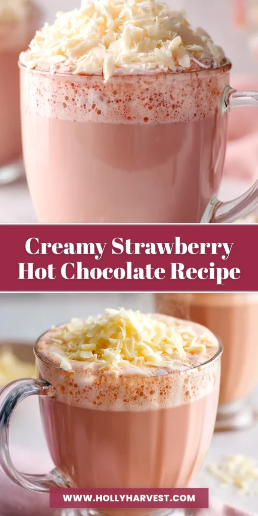 A beautiful overhead shot of a mug of creamy pink Strawberry Hot Chocolate, topped with whipped cream and fresh strawberry slices. The cozy scene is perfect for a comforting treat.
