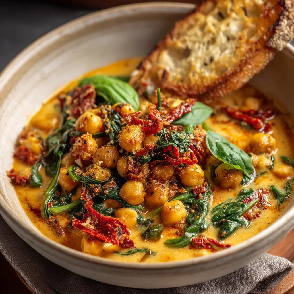 Marry Me Chickpeas: The Creamiest 30-Minute Meal 2 An extreme close-up shot of the creamy sun-dried tomato sauce coating the chickpeas and spinach in a white bowl. Showcases the rich texture of the Tuscan-style chickpeas.