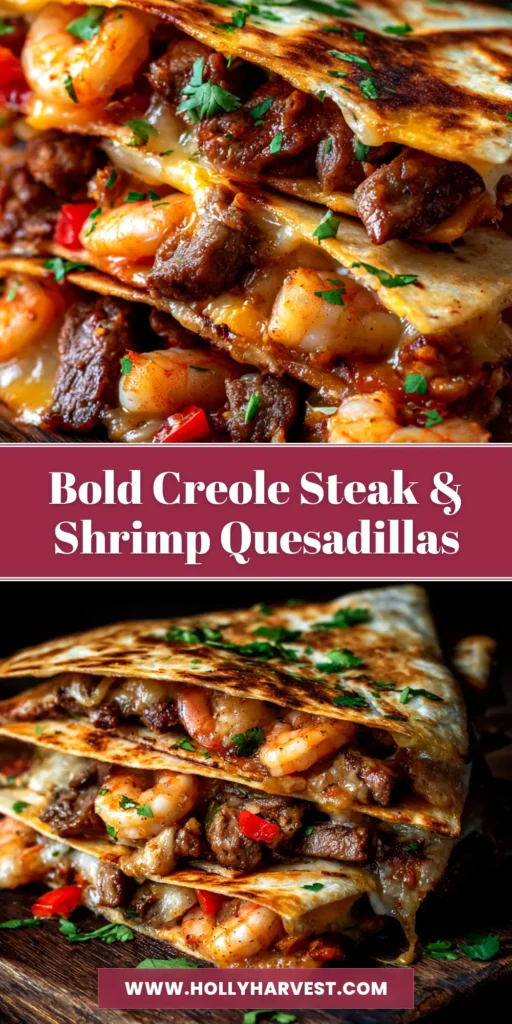 An overhead shot of Creole Steak and Shrimp Quesadillas cut into wedges, showing the cheesy filling with steak, shrimp, and peppers. Served with a side of sour cream.