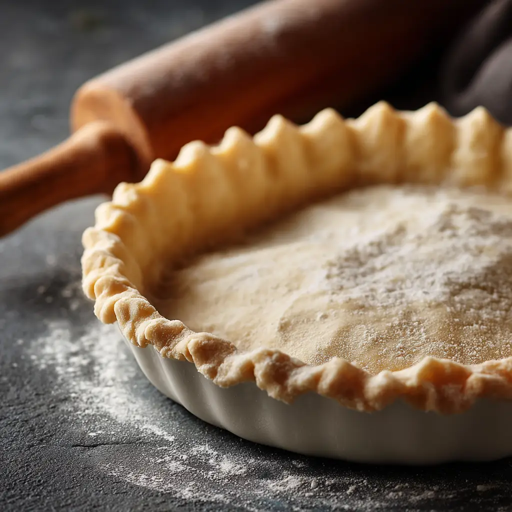 A finished homemade pie crust beautifully crimped around the edge of a ceramic pie dish, ready to be filled and baked.