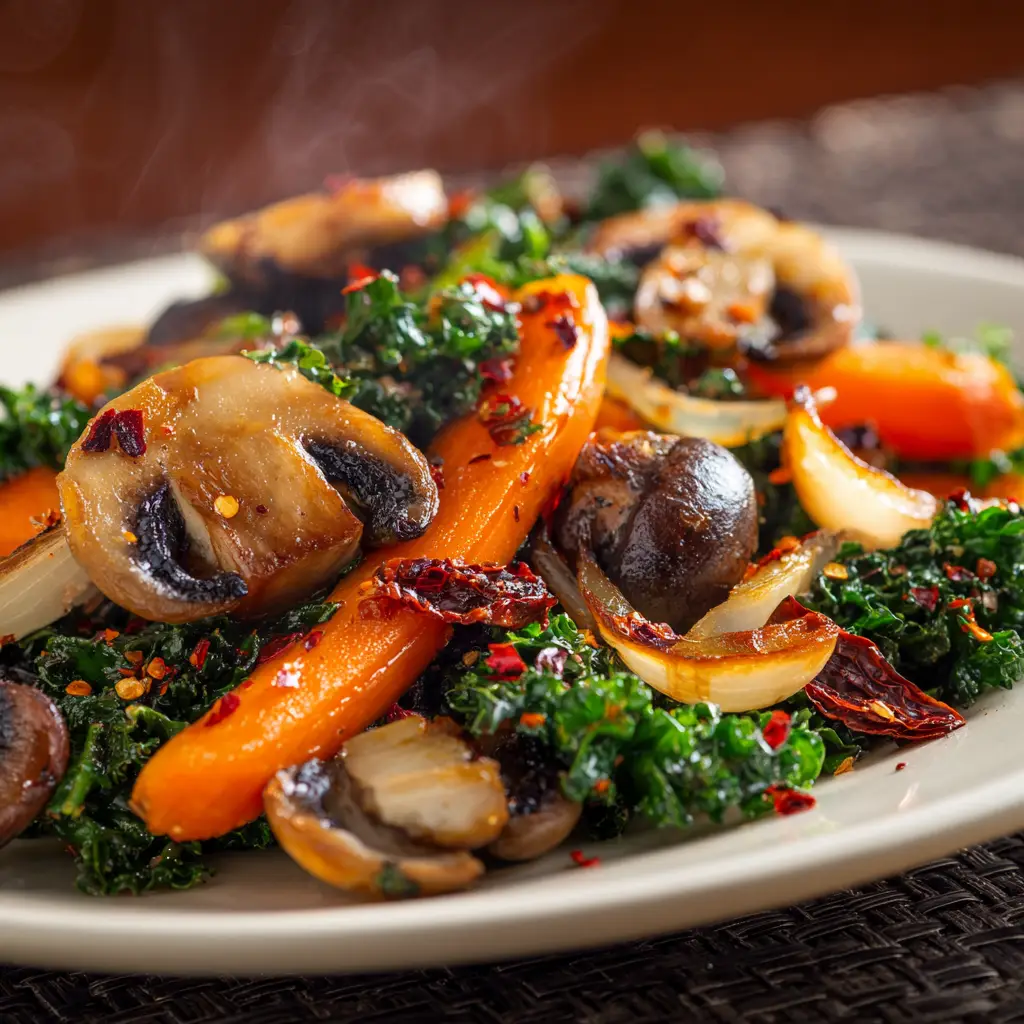 Sautéed Vegetables (The Only Recipe You'll Ever Need) 2 A close-up of colorful sautéed vegetables, including broccoli, carrots, and bell peppers, steaming in a black skillet.