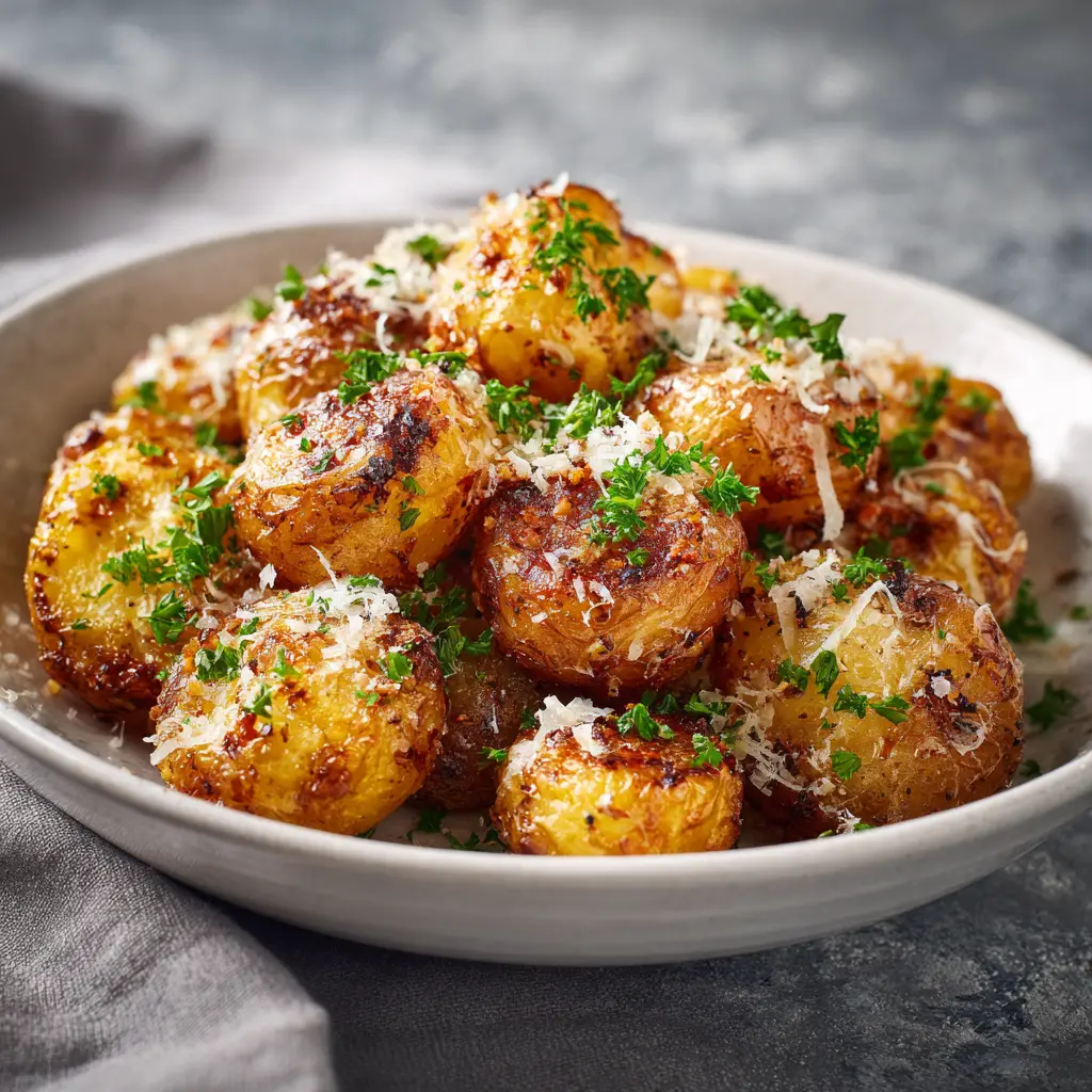 A close-up view of oven-roasted potatoes with a golden garlic parmesan crust, showcasing the fluffy interior.