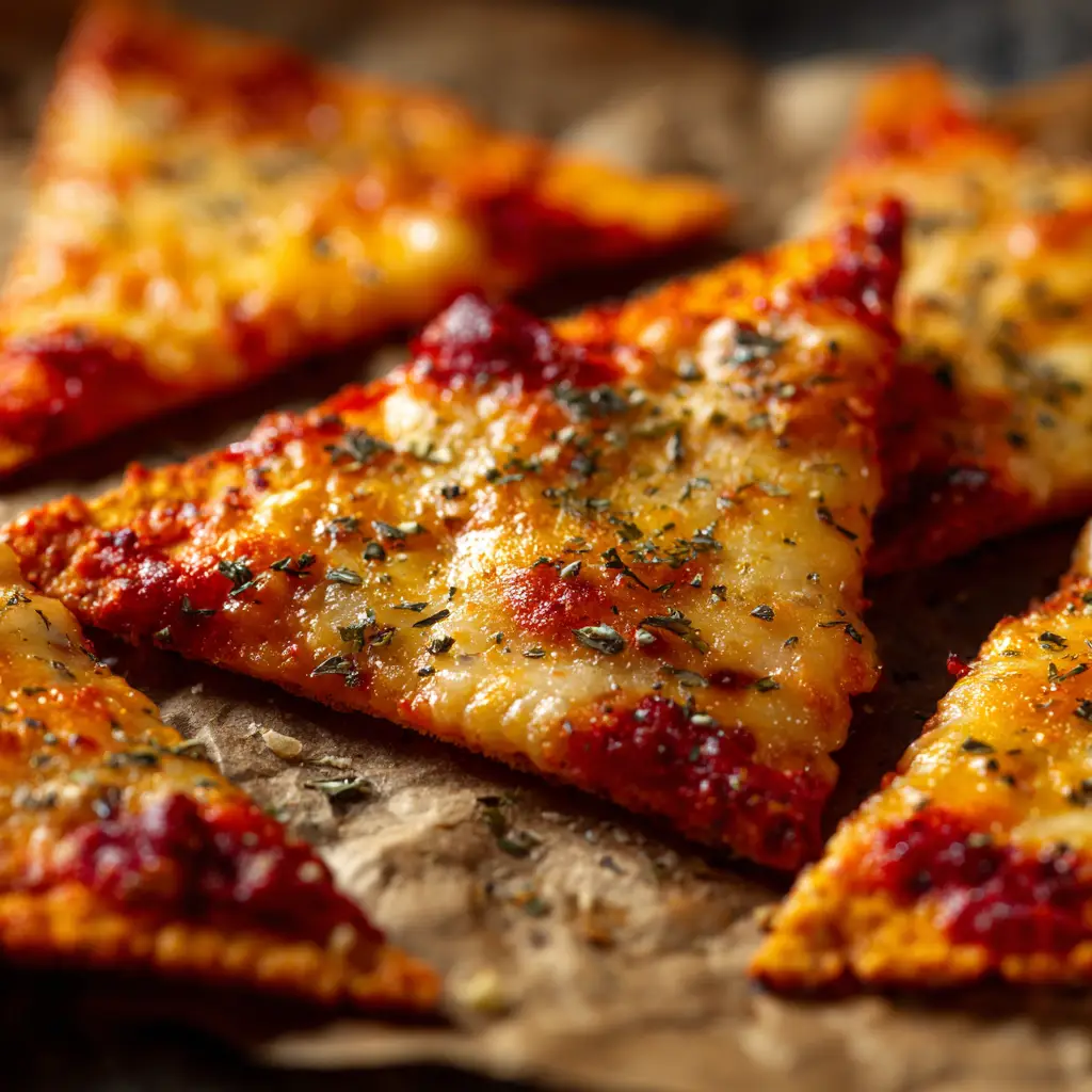 A close-up shot of crispy, golden-brown pizza chips on a baking sheet, topped with melted mozzarella cheese and mini pepperoni.