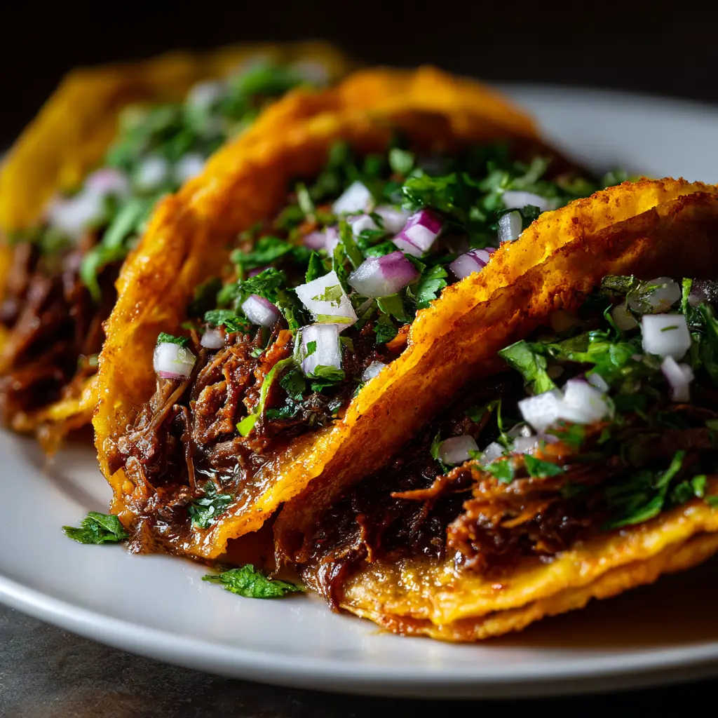 Crock Pot Birria Tacos: The Ultimate Slow Cooker Recipe 2 An extreme close-up of three crispy slow cooker birria tacos, showing the golden-orange shell and melted cheese oozing out.