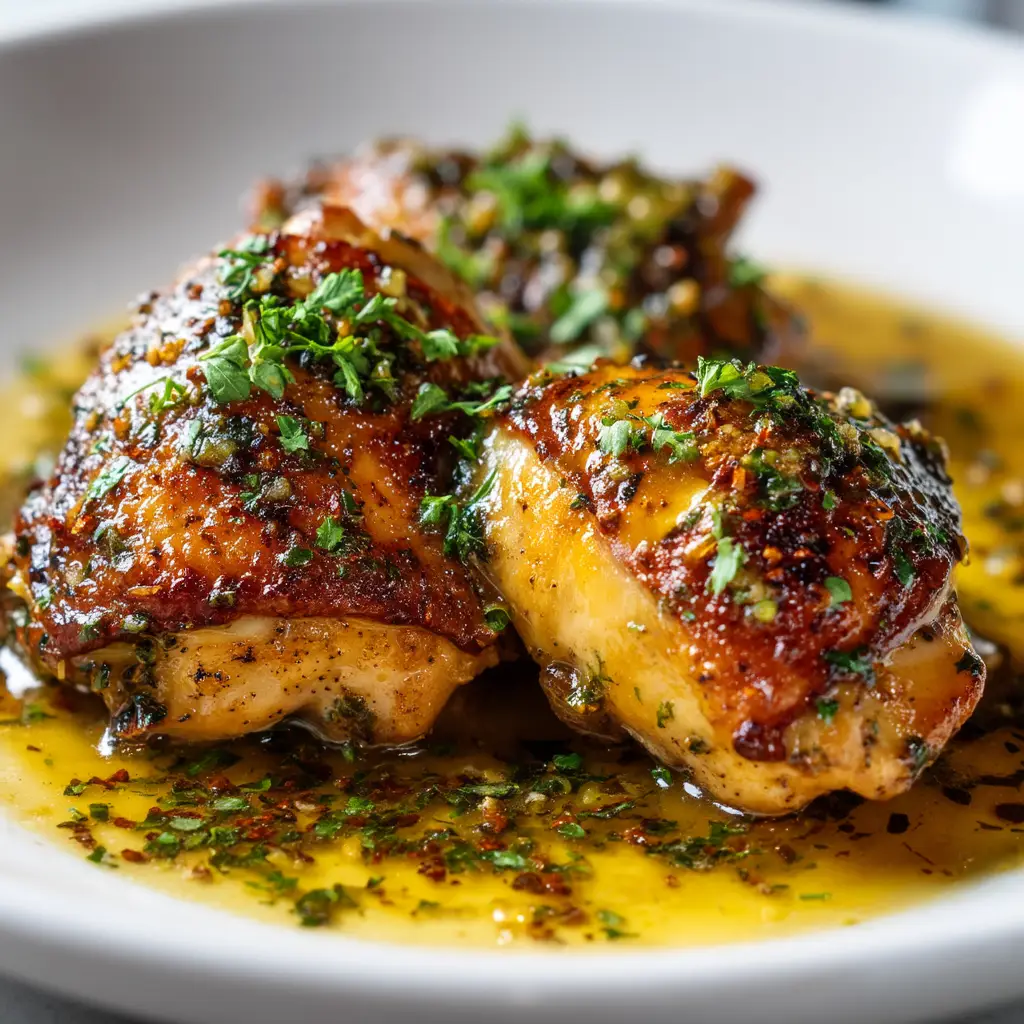 A platter of finished crock pot chicken thighs served with roasted potatoes and fresh greens, ready for a family dinner.