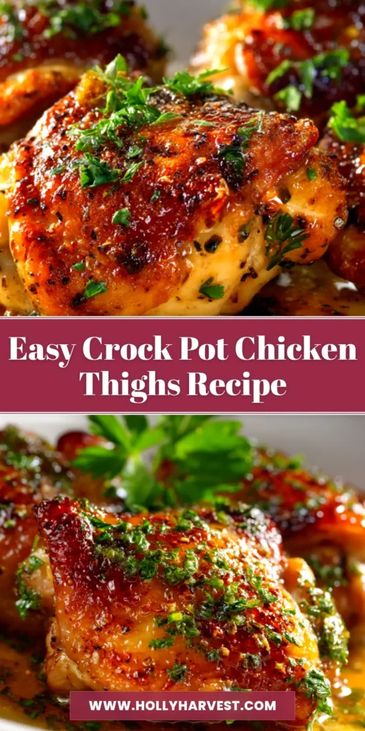 Juicy Crock Pot Chicken Thighs shown in a white bowl with fresh herbs. The perfect easy slow cooker recipe for a weeknight dinner.