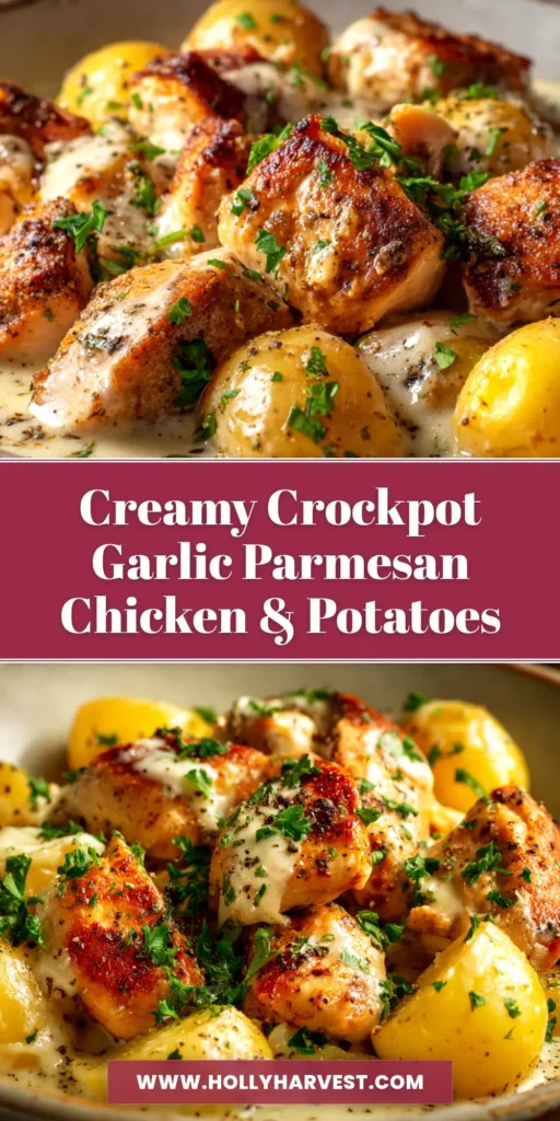 A top-down view of a white serving bowl filled with creamy crockpot chicken and potatoes, garnished with fresh parsley. The perfect one-pot comfort meal.