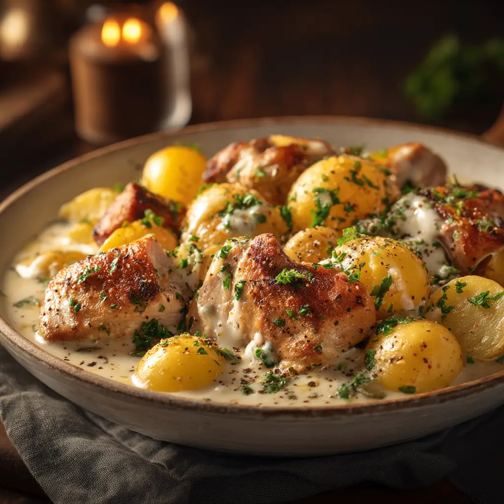 Ingredients for crockpot chicken and potatoes, including raw chicken, baby potatoes, and seasonings, arranged next to a slow cooker.