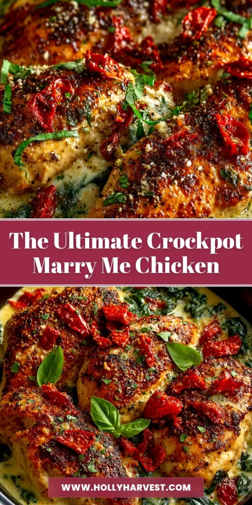 A close-up shot of creamy Crockpot Marry Me Chicken in a white bowl, served over pasta and garnished with fresh basil.