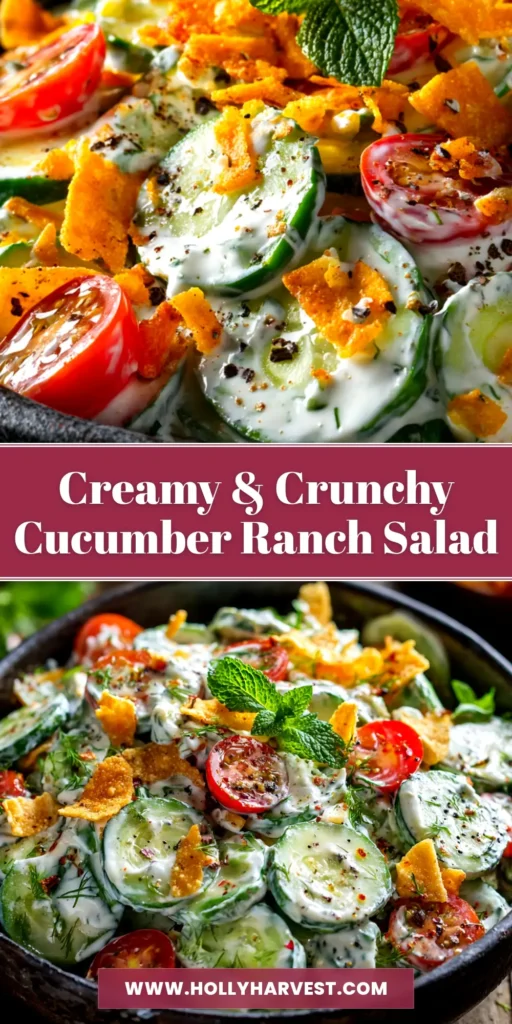 A large white bowl filled with creamy Cucumber Ranch Salad, garnished with fresh dill. The salad is bright and refreshing, perfect for a summer side dish.