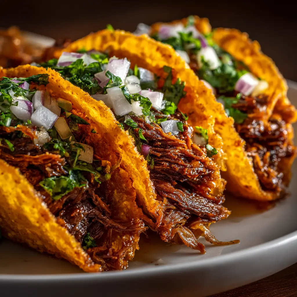 Crock Pot Birria Tacos: The Ultimate Slow Cooker Recipe 1 A close-up of three Crock Pot Birria Tacos being dipped into a small bowl of rich, red consommé.