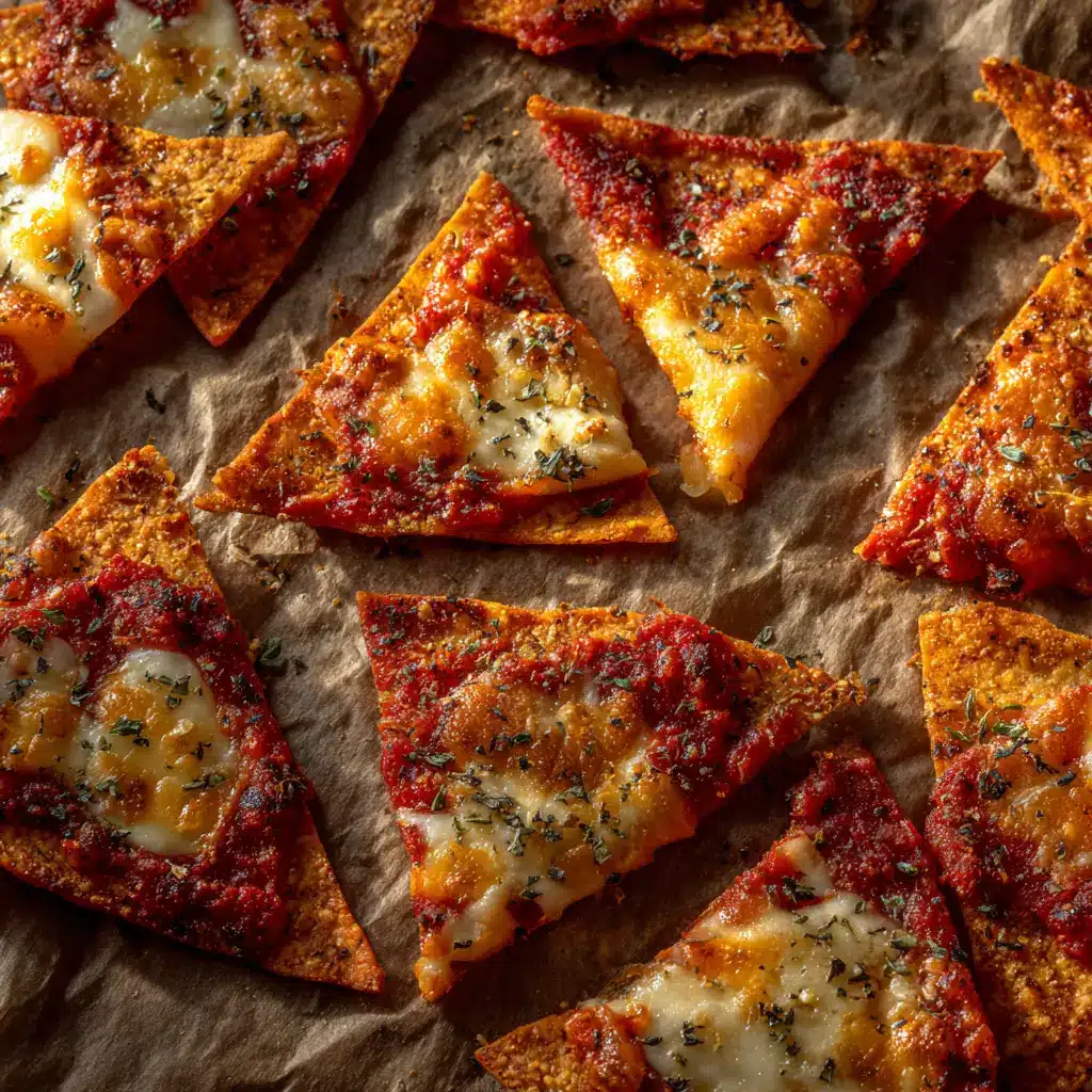 A lifestyle shot of homemade pizza chips being dipped into a small white bowl of marinara sauce.