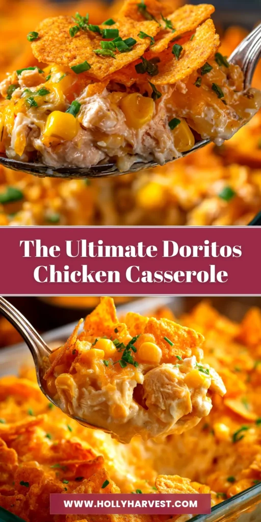 An overhead shot of a baked Doritos Chicken Casserole in a white baking dish, showing the crunchy, cheesy topping. A serving spoon is lifting a portion out.