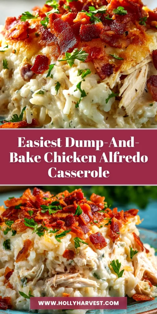 A top-down view of a golden-baked Dump-and-Bake Chicken Alfredo Rice Casserole in a white baking dish, ready to be served.
