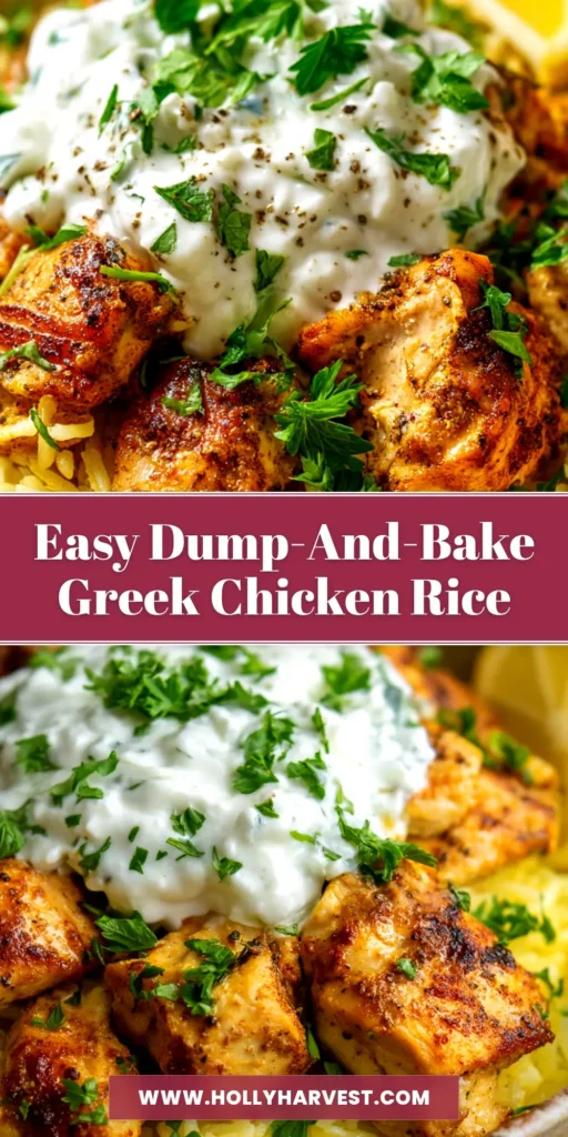 A close-up overhead shot of a finished dump and bake chicken rice casserole in a white baking dish, ready to be served.