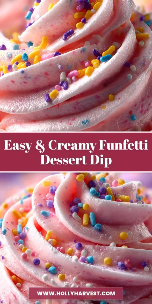 Easter Funfetti Dip (The Easiest 5-Minute Treat!) 3 A colorful bowl of Easter Funfetti Dip topped with pastel sprinkles, surrounded by various dippers like cookies and pretzels. A hand is dipping a graham cracker into the festive cake batter dip.