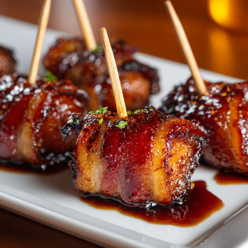 A side view of several bacon wrapped water chestnuts lined up on a wire rack after baking, ready to be served.