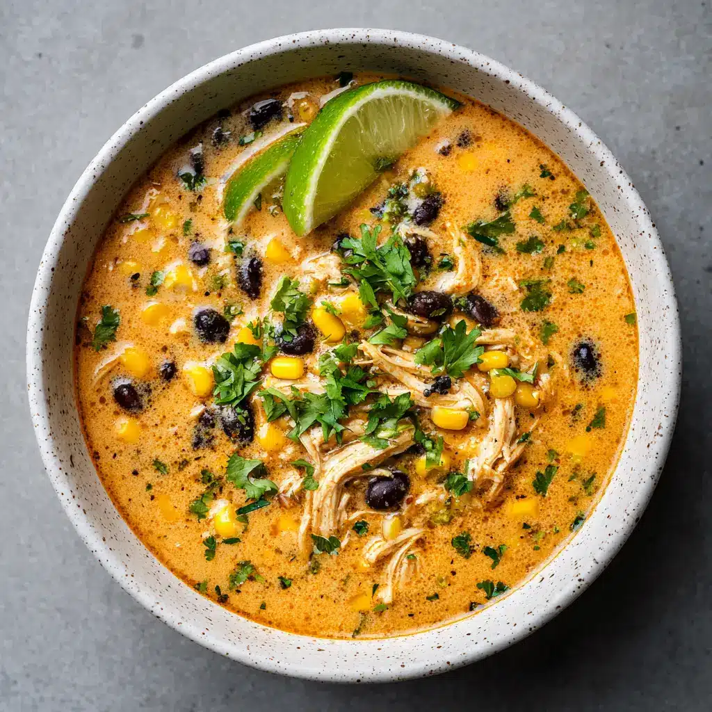 A spoonful of chicken poblano soup being lifted from a bowl, showing the shredded chicken, corn, and black beans.